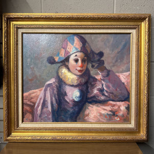 PHILIPPE ALFIERI Sitting Clown - Original Oil on Canvas, Gold Ornate Frame