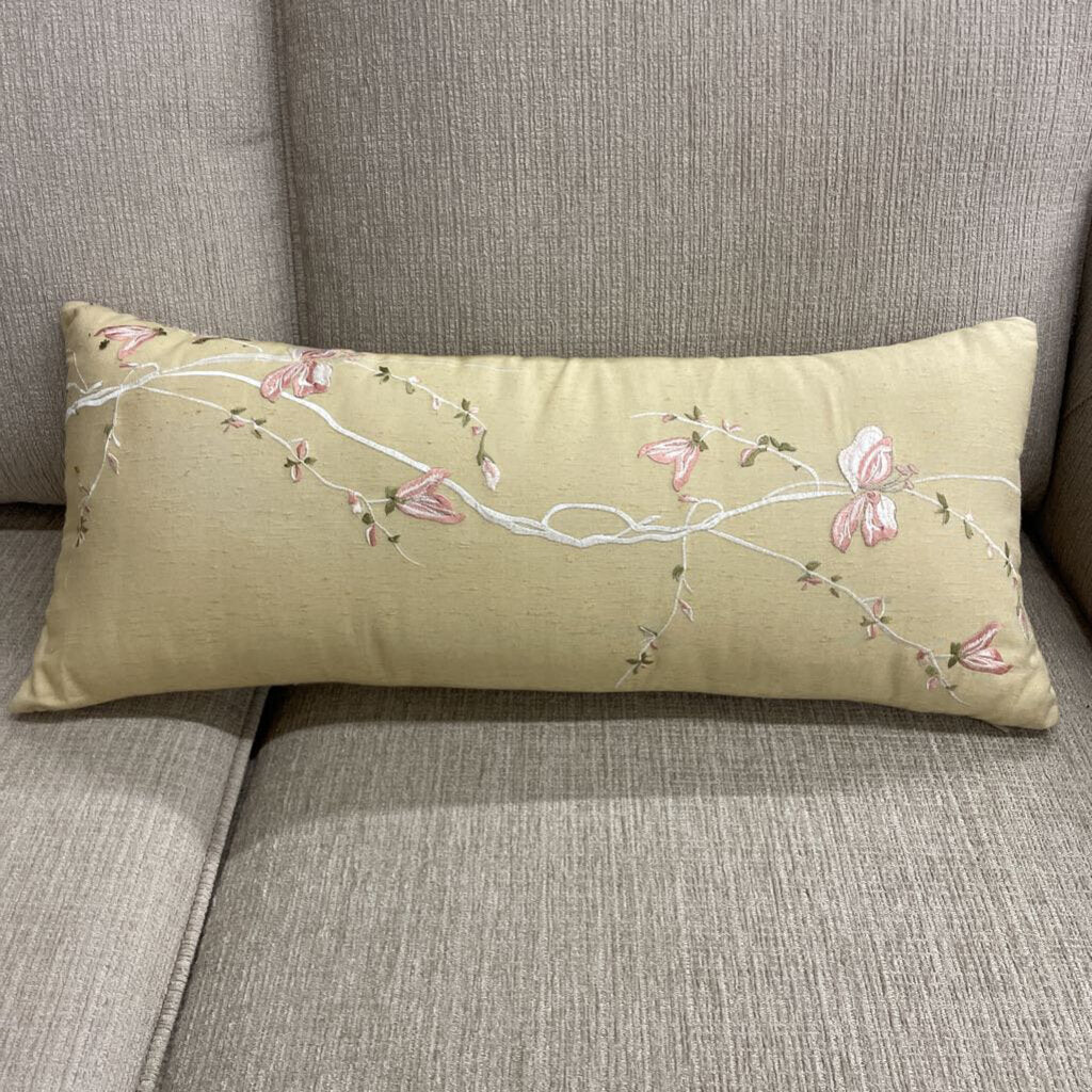 Decorative Golden Embroidered Floral Pillow 23W x 8H