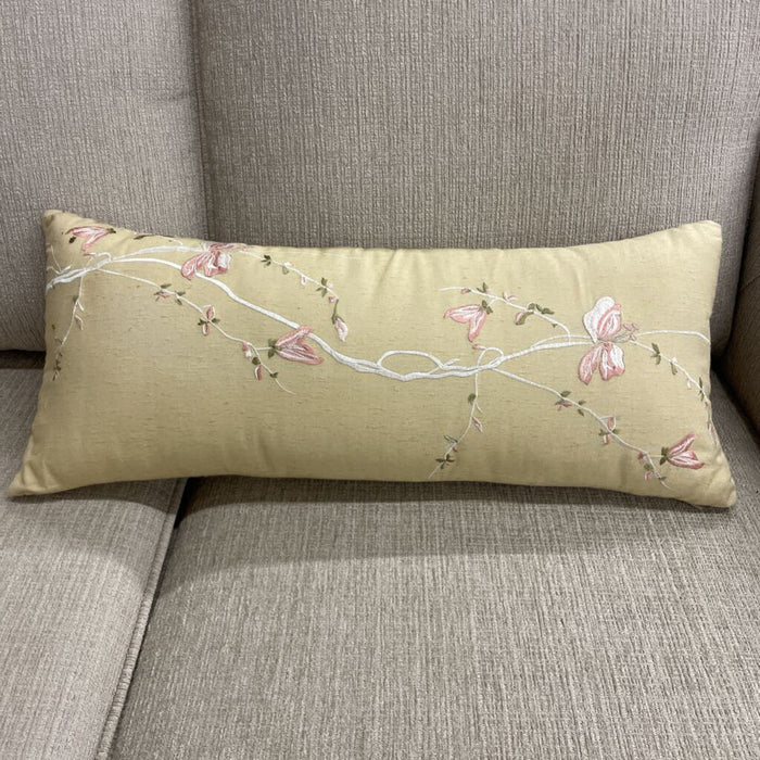 Decorative Golden Embroidered Floral Pillow 23W x 8H