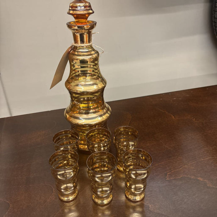 Czech Bohemia Glass Decanter & 6 Glasses-Amber & Gold Striped Pattern