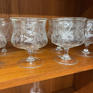 Vintage Etched Glass Seafood/Shrimp Cocktail Glasses w Chiller Inserts- Set Of 7