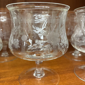 Vintage Etched Glass Seafood/Shrimp Cocktail Glasses w Chiller Inserts- Set Of 7