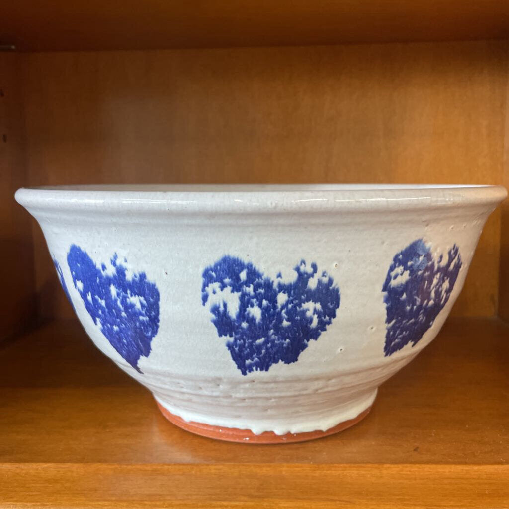 Handmade Ceramic Bowl w Blue Hearts