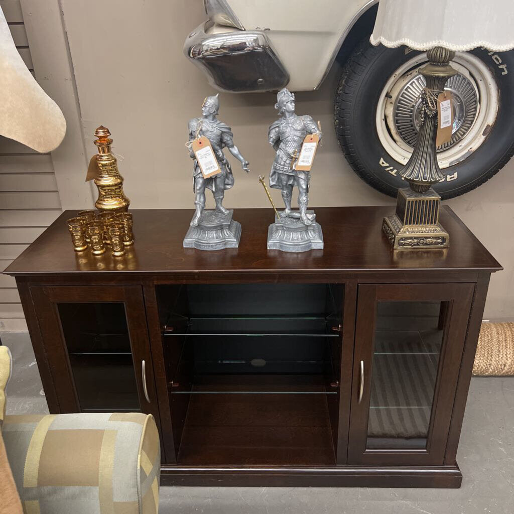 Mahogany Entertainment Cabinet w Glass Shelves - by Buhler Furniture, Winnipeg