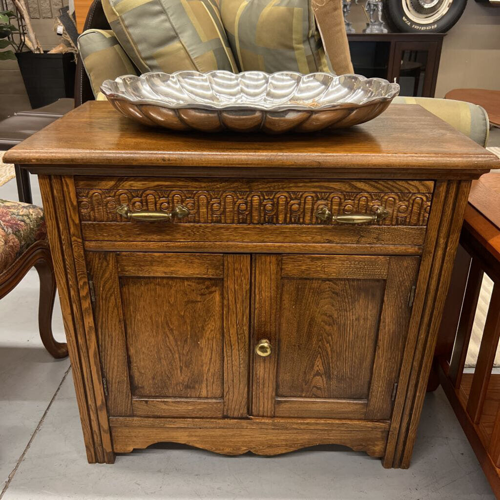 Antique Side Table w Carved Drawer & Lower Cabinet