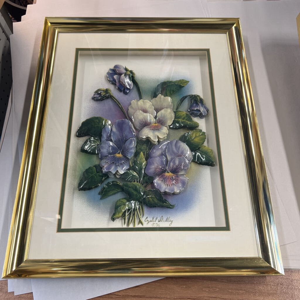 Three Dimensional Paper Cut Purple Pansies in Gold Frame