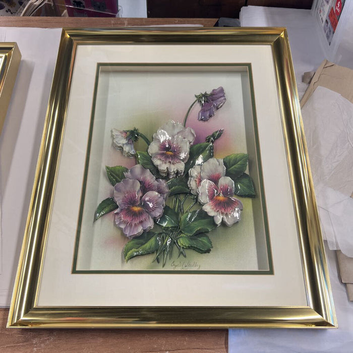 Three Dimensional Paper Cut Pink Pansies in Gold Frame