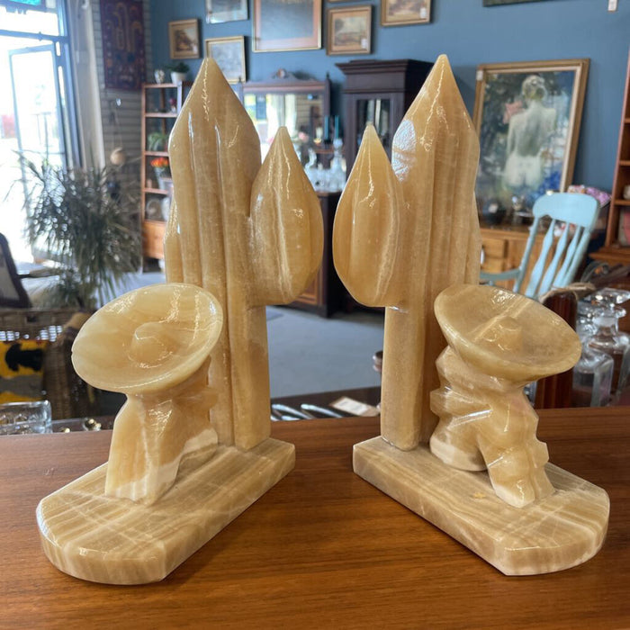 Pair- Vintage Onyx Bookends- Sieste Under A Cactus
