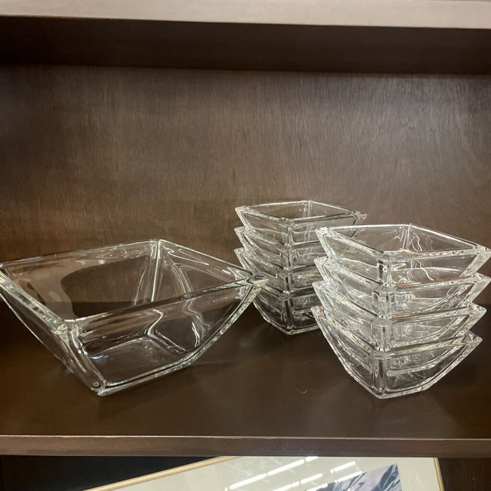 SET of Vintage Art Deco Crystal Salad & 8 Serving Bowls