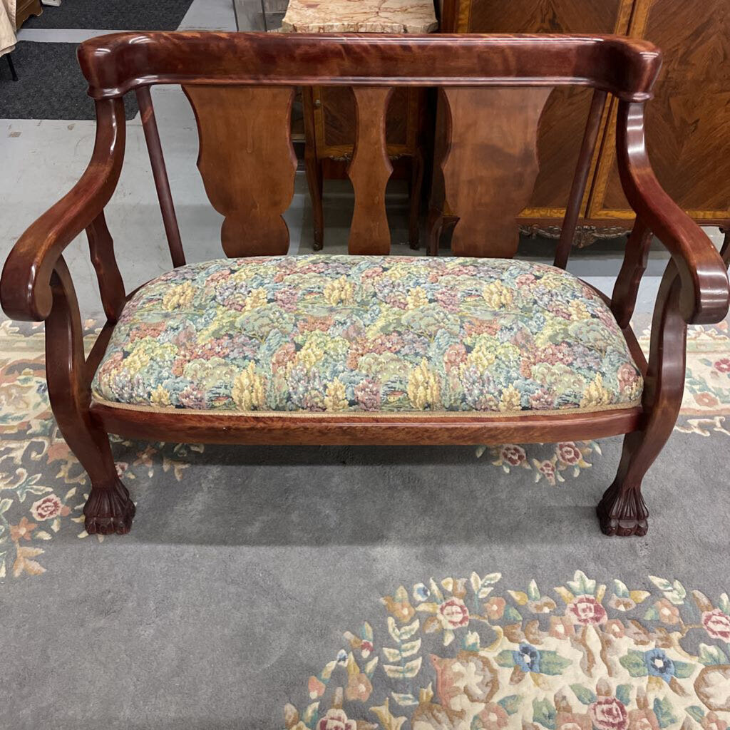 Antique Claw Foot Wooden Bench w Floral Jacquard Woven Upholstery