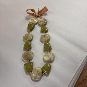 Handmade Chunky Necklace w Green & Beige Large Beads