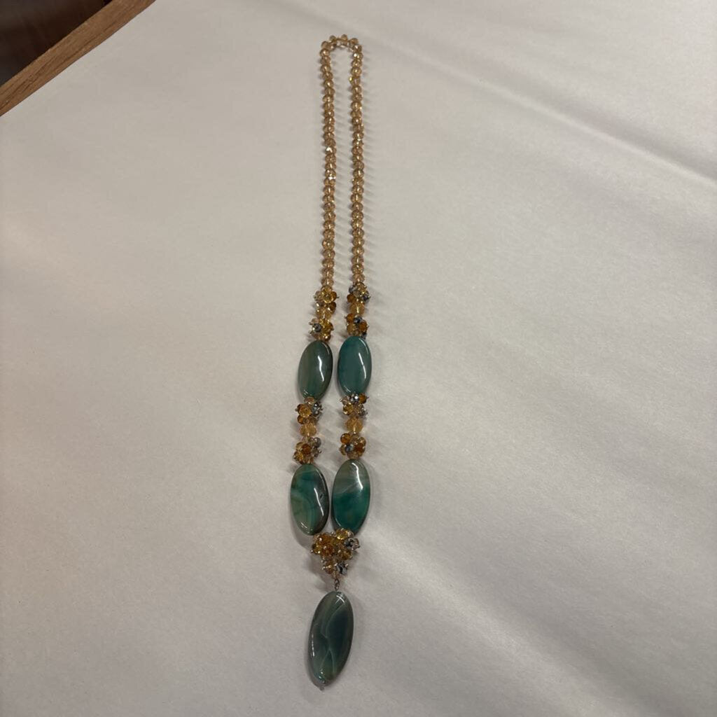 Necklace w Oval-Shaped Green & Gray Stones & Amber-Coloured Beads