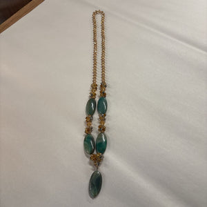 Necklace w Oval-Shaped Green & Gray Stones & Amber-Coloured Beads