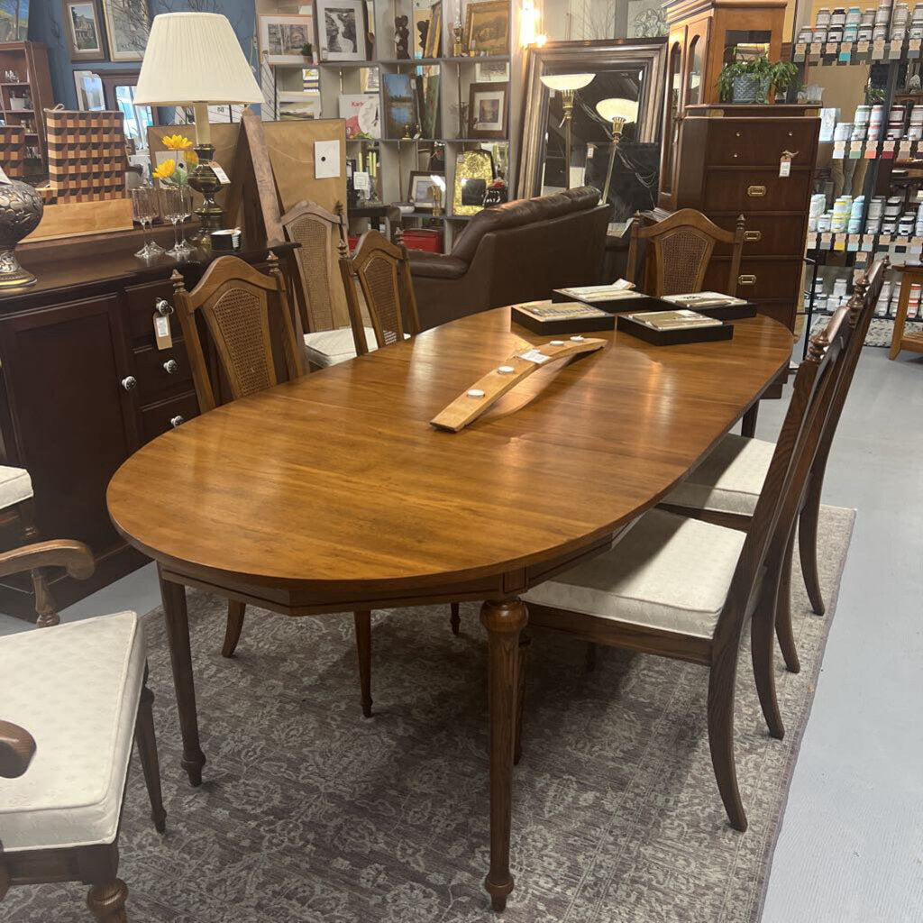 Oval Walnut Dining Table w 8 Cane Cream Chairs & 2 - 18" Leaves