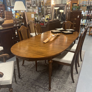 Oval Walnut Dining Table w 8 Cane Cream Chairs & 2 - 18" Leaves
