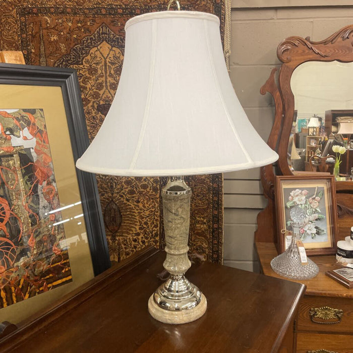 Marble & Brushed Nickel Table Lamp w White Tulip Shade