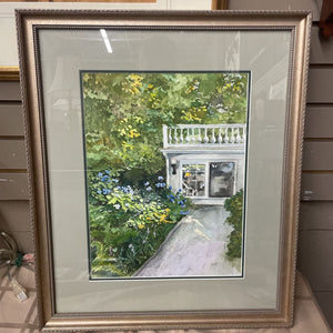 Original Watercolour "Garden Scene" In Brushed Nickel Frame