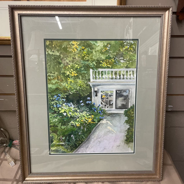 Original Watercolour "Garden Scene" In Brushed Nickel Frame