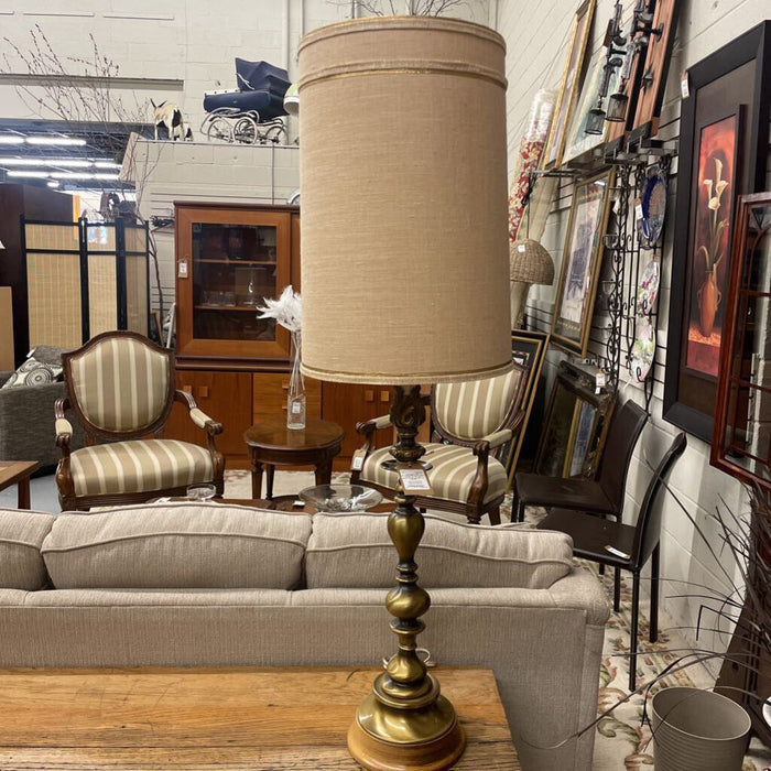 Vintage Tall Brushed Brass Table Lamp w Wood Base & Beige Barrel Shade