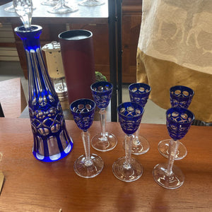 Vintage Cobalt Blue Bohemian Glass Decanter w 6 Glasses