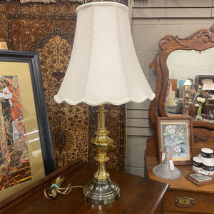 Vintage Brass Table Lamp w White Scalloped Edge Shade