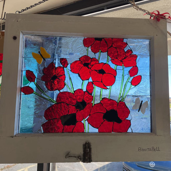 "Poppies Never Fade" Stained Glass in Vintage Frame by Local Artist Bonita Bell
