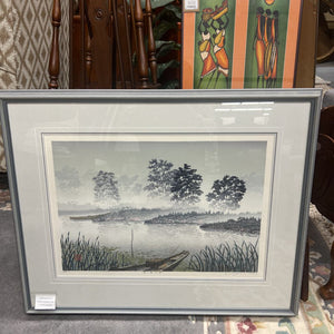 Japanese Woodblock Print By Shufu Miyamoto- In Gray Wood Frame