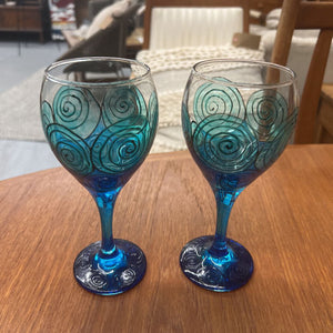 Pair-Hand-painted Wine Glass w Blue & Green Swirl Design