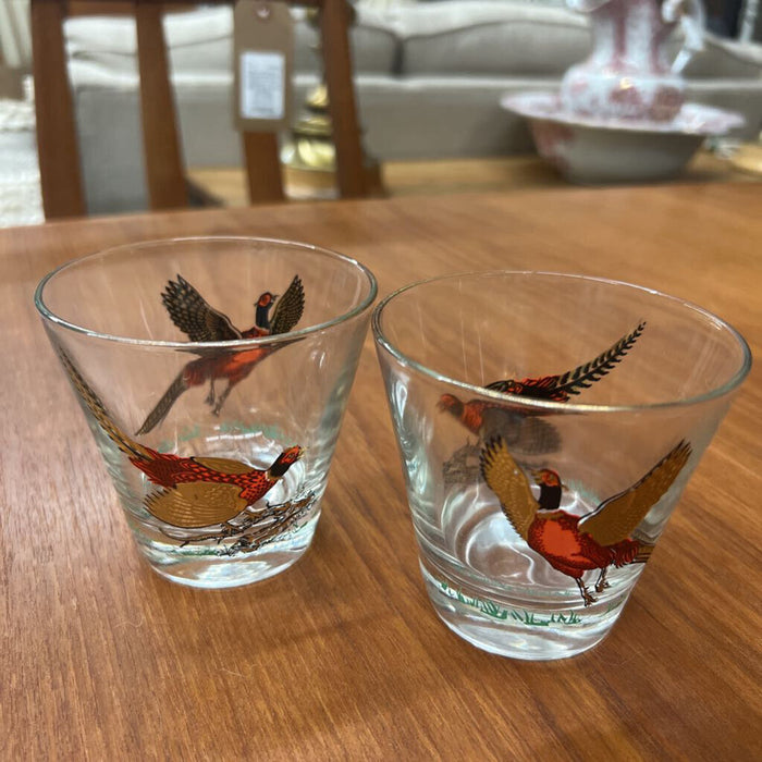 Set Of 4- Vintage Hazel-Atlas Whiskey Glasses w Pheasant Design