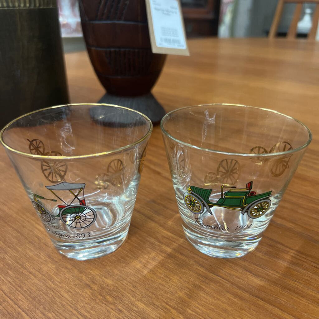 Set Of 8- Hazel Atlas Glasses w Antique Car Design