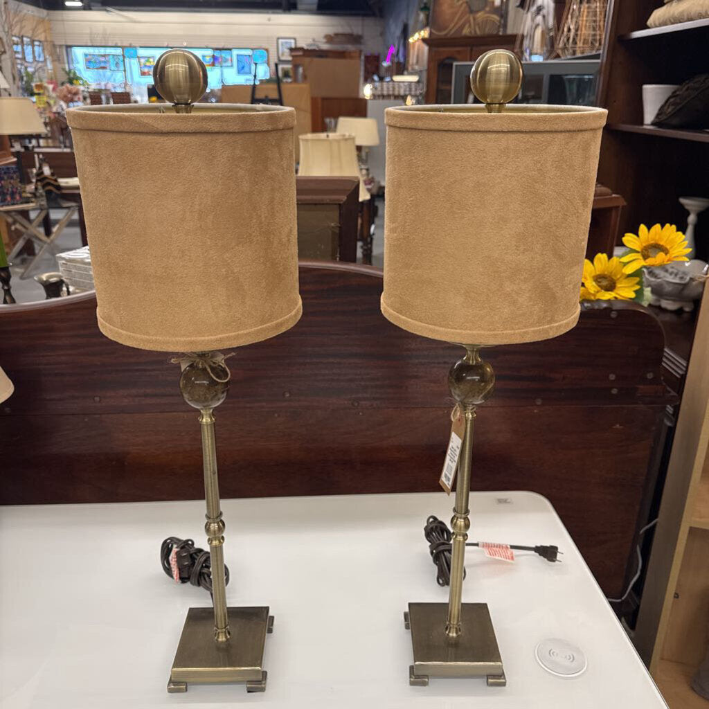 Table Lamp - Brushed Brass w Marble Ball, Microsuede Shade