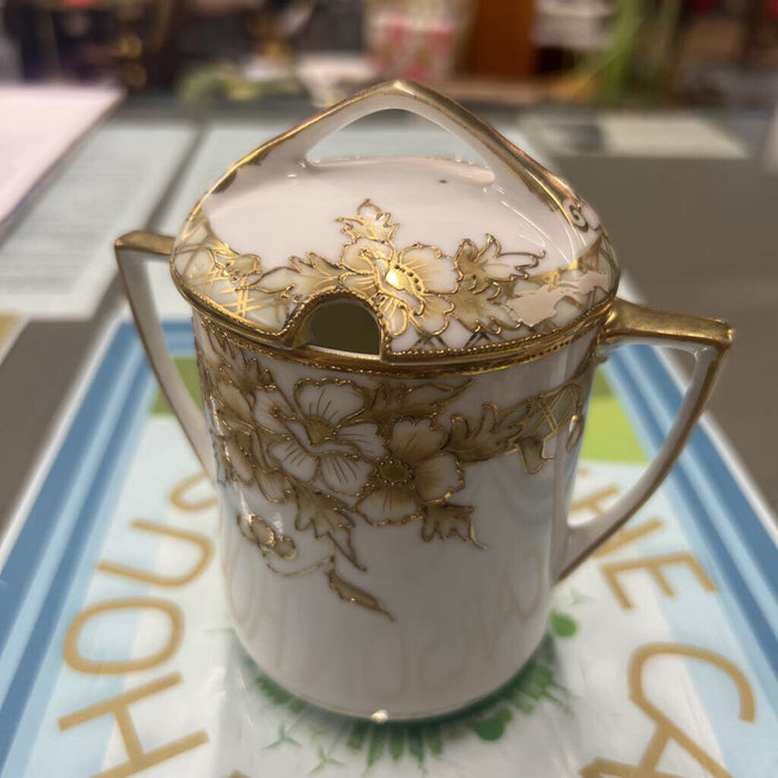 Porcelain Sugar Bowl w Lid- Gold Floral Design