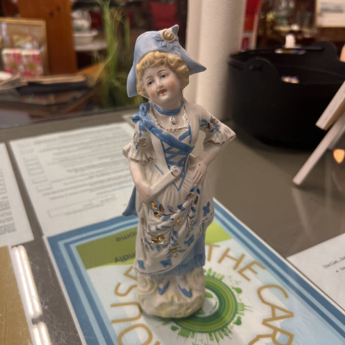Antique Bisque Porcelain Figurine- Light Blue Dress w Gold Accents