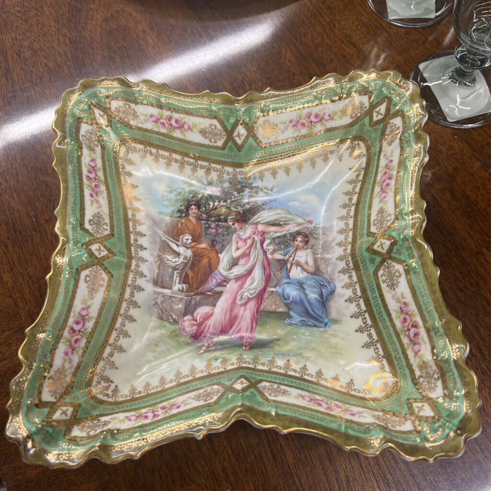 Anyique Hand-Painted Porcelain Bowl- Royal Vienna Style- Green & Gold Trim