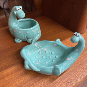 2 Pce. Bathroom Set - Green Dinosaur - Soap Dish & Brush Caddy