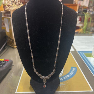 Vintage Sterling Silver Carnelian & Marcacite Pendant- 18" Long