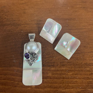 Mother Of Pearl Pendant & Matching Earrings w Amethyst