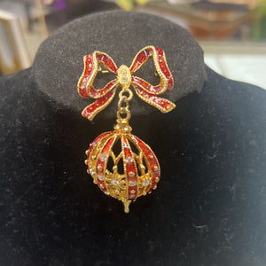 Red & Gold Toned Ornament Brooch w Rhinestones & Red Bow
