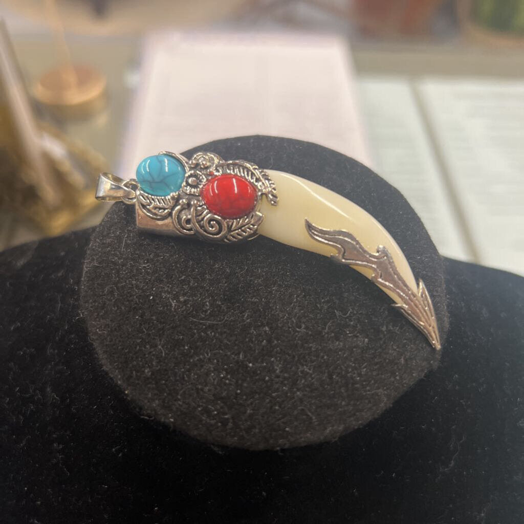 Unique Bone Pendant w Turquoise & Red Coral Stones