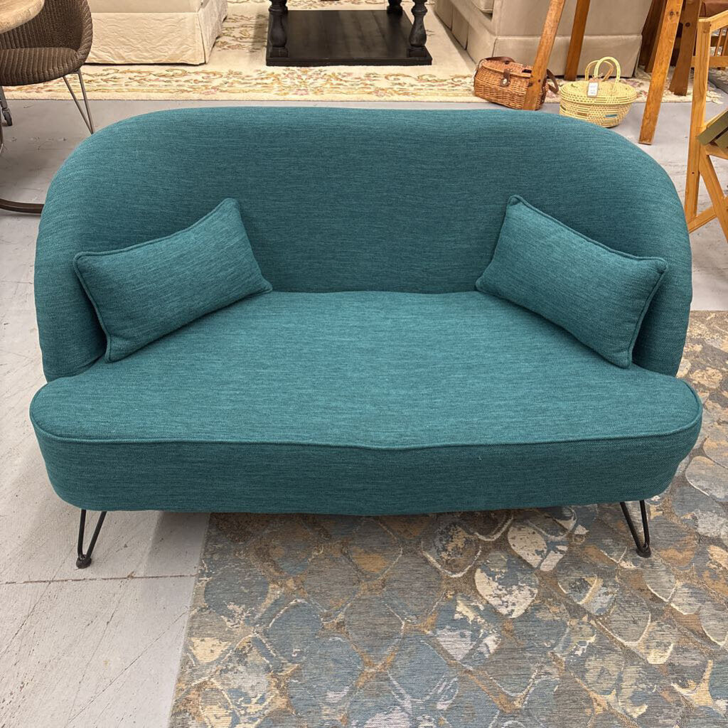 Turquoise Fabric Modern Settee w Metal Legs