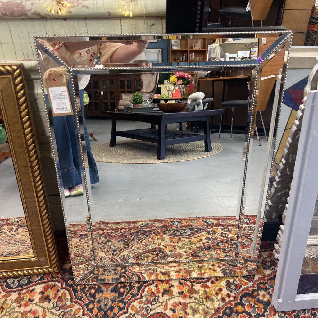 Rectangular Frameless Beveled Wall Mirror w an Embossed Border