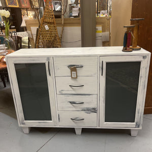 Distressed White Sideboard w 4 Drawers & 2 Glass Front Cabinets