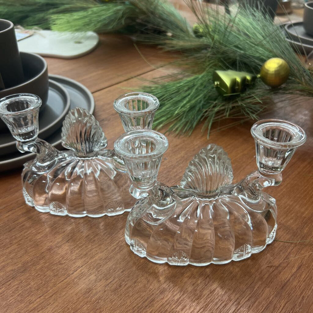 Pair- Art Deco L.E. Smith "Duo" Clear Glass Candlestick Holders