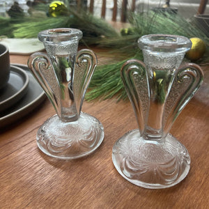 Art Deco Pressed Glass Candlestick Holders- Bagley & Company