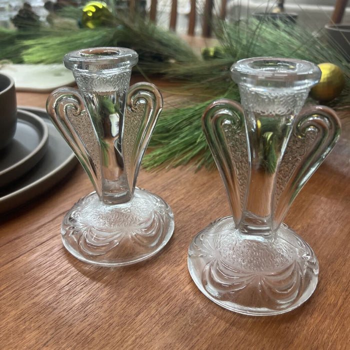 Art Deco Pressed Glass Candlestick Holders- Bagley & Company