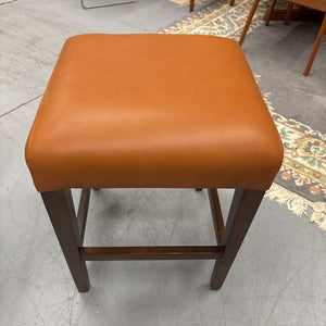 Backless Wood Stool w Burnt Orange Leather Seat