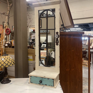 Distressed White Wall Mounted Decorative Mirror & Blue Drawer