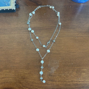 Silver Tone Freshwater Pearl Necklace w Decorative Flower-Shaped Links