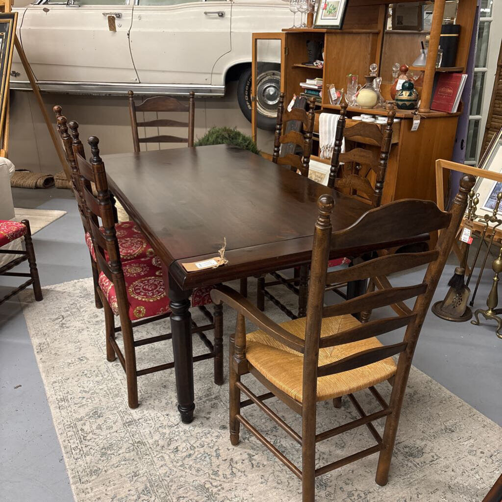 Pine Dark Stained Dining Table w Turned Legs w 8 Fabric Chairs & 2 Cane Captain's Chairs & 2-10" Leaves