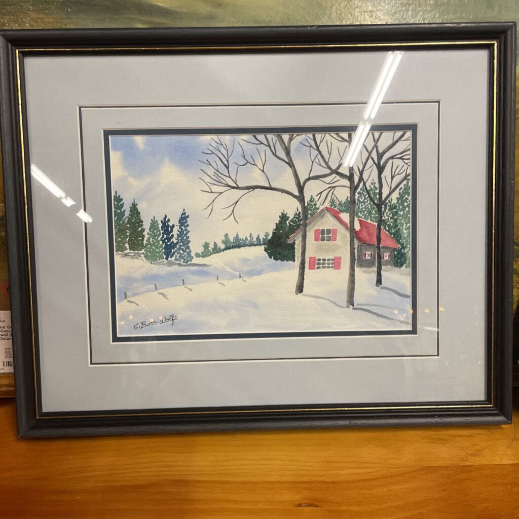 Cabin winter Landscape Watercolour Painting by Burr-Wolfe